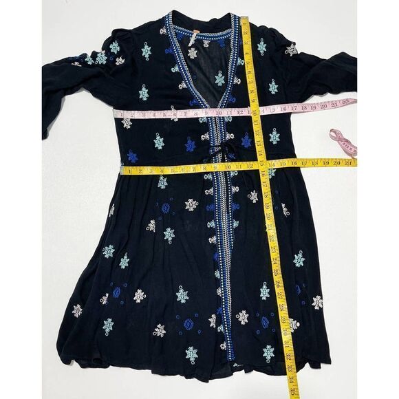 Free People Stargazer Mini Dress Embroidered V-Neck Tie Waist Black Blue Small - Picture 7 of 12